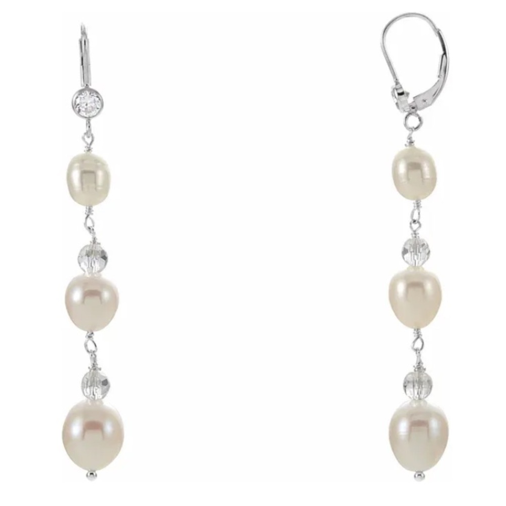 💕 Cultured White Freshwater Pearl & Imitation Cubic Zirconia Earrings